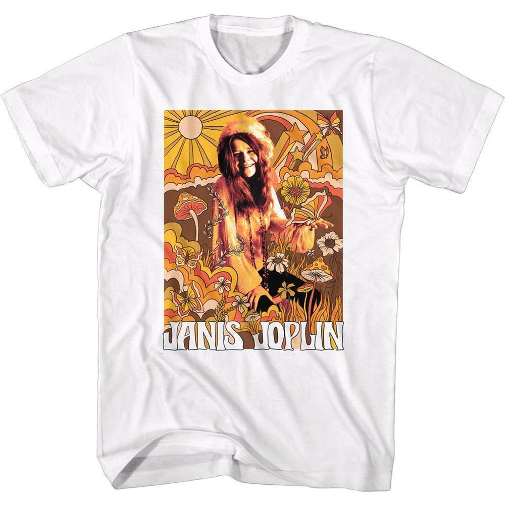 Janis Joplin Drawn Over Pic White Adult T Shirt